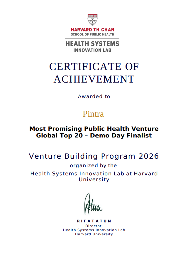 Pintra's Harvard HSIL award certificate